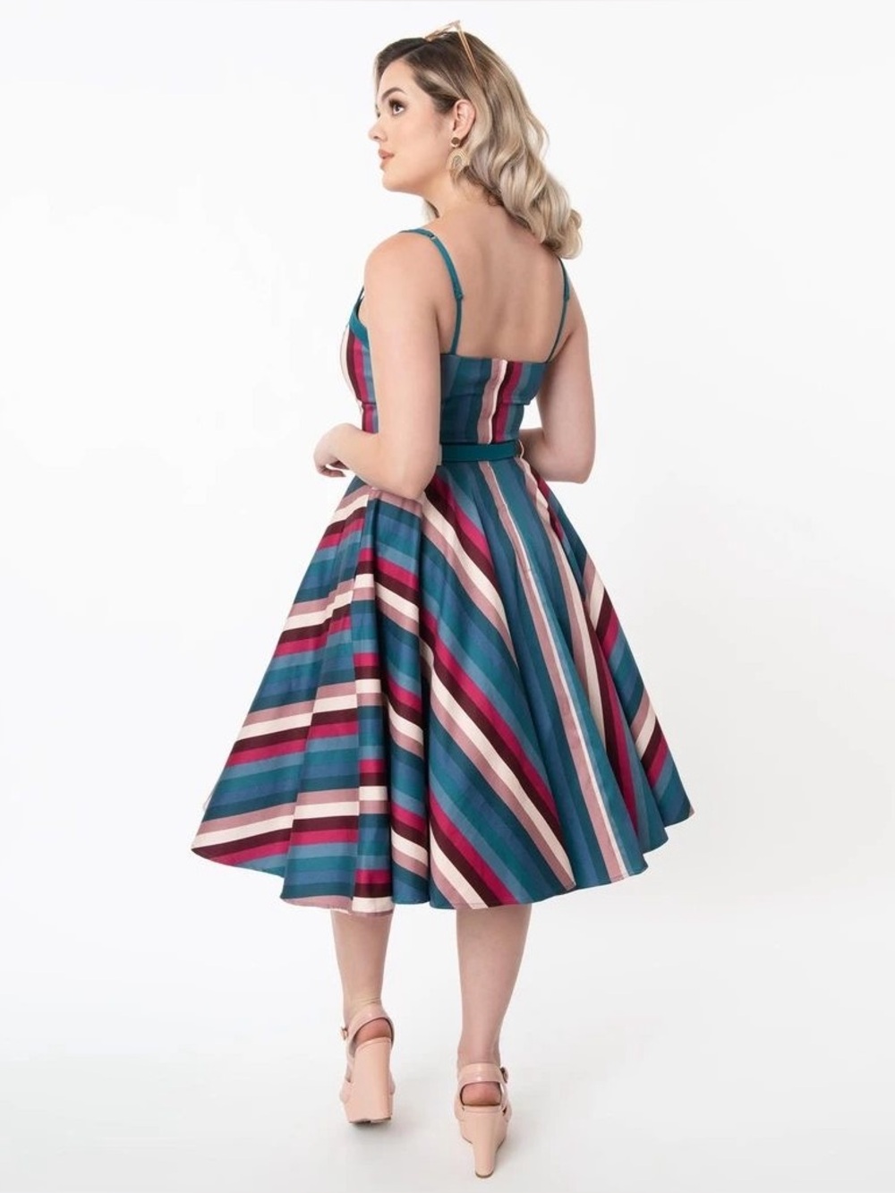 Unique Vintage Collectif Nova Paradise Teal & Pink Stripe Swing Dress - Picture 2 of 14